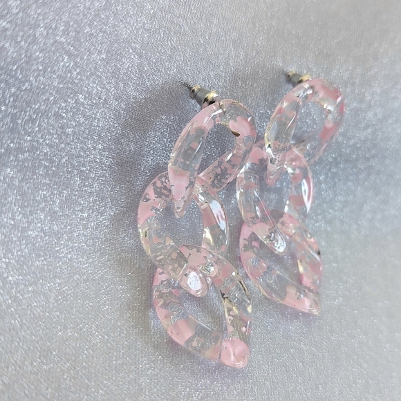 Acrylic Curb Chain Link Drop Dangle Earrings Speckled Pink Clear - Picture 2 of 6